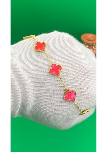 Gold Renk Yonca Desenli Çelik 316l Bileklik Altın - Pembe