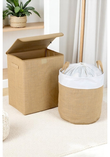 İronika Jüt Dolap İçi Organizer Oyuncak Kutusu Eşya Çamaşır Saklama Sepeti Düzenleyici Kutu 2li Set Kahverengi