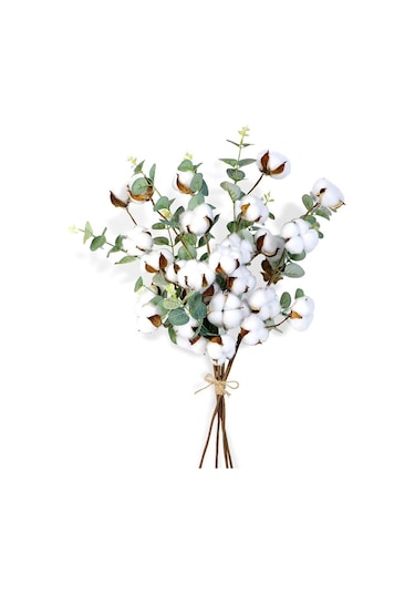 4 Adet Okaliptuslu Doğal Pamuk Çiçeği Dalı 5Li Kuru Çiçek Yapay Ç