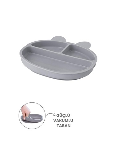 Silicolife 3 Gözlü Silikon Mama Tabağı, Vakum Tabanlı Bebek Porsiyon Tabak - 2 Mama Kaşığı Hediyeli Gri