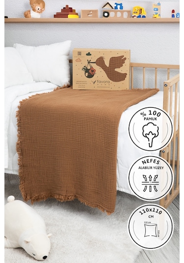 Pamuklu 4 Katlı Müslin Bebek Örtüsü 110x110 cm - Kahverengi