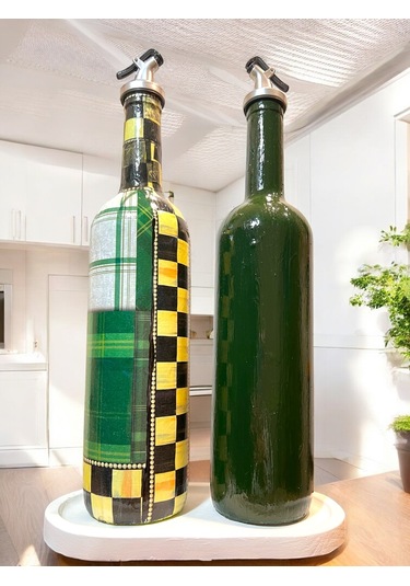 Vintage Sanat Desenli Retro Yeşil Cam Yağdanlık Seti-sirkelik Sosluk Seti- Ev Ve Mutfak Dekoru Yeşil