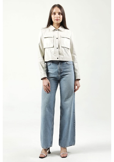 Dericlub Yb-Vgn1 Crop Fit Gerçek Deri Kadın Mont Bej