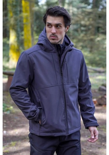 Softshell Erkek Mont Su Geçirmez Kapüşonlu Outdoor 350 Flam2 Fiyort Rüzgar Günlük Siyah