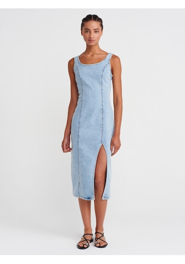 Dilvin 90565 Önü Derin Yırtmaçlı Denim Elbise-mavi Mavi