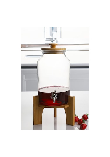 Qerhome Bambu Kapak Ve Altlıklı Musluklu Cam Şeffaf Sebil Lohusa Şerbetlik Damacana 4 Litre Litre Zbo-14