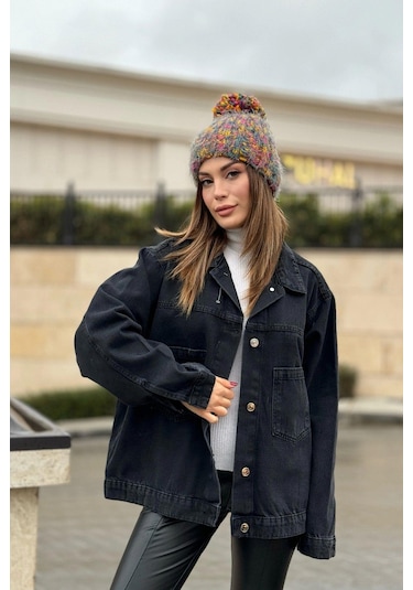 Kadın Siyah Apaş Yaka, Çift Cepli, Kaliteli Jeans Kumaş, Salaş Kot Ceket Siyah