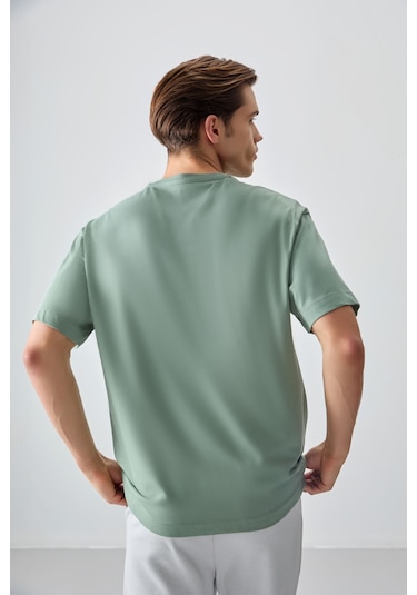Açık Yeşil %100 Pamuk Kalın Yumuşak Dokulu Oversize Fit Basic Erkek T-shirt - 88353 Camel
