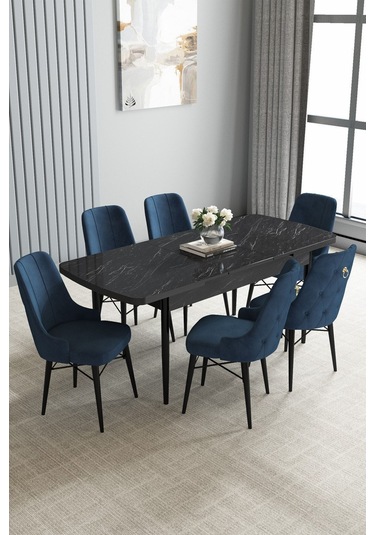 Jusie Siyah Mermer Desen 80x132 Açılabilir Mutfak Masası Takımı 6 Adet Sandalye Lacivert