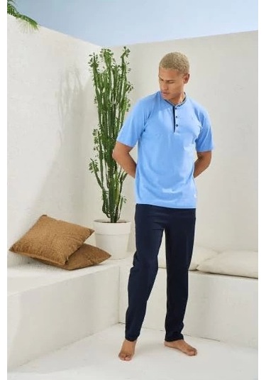 Moon Wear Erkek 2104 Erkek Midi Yaka Pijama Takım Mavi