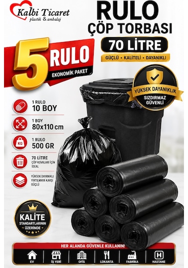Kalın Çöp Torbası Jumbo Boy Siyah Çöp Poşeti 5 x 500 G