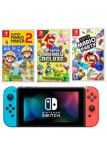 Nintendo Switch Konsol+Super Mario Maker 2+Super Mario Bros.u Deluxe+Super Mario Party (İthalatçı Garantili) Fiyatları
