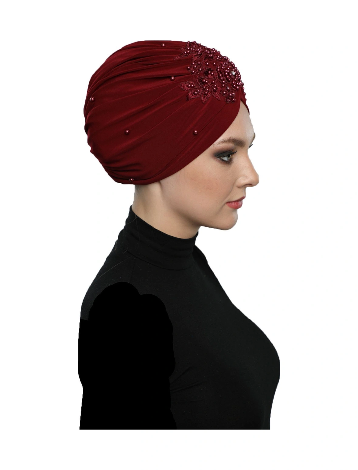 Kopma Astarlı İşlemeli Bordo Gül Dantel Motifli Hazır Türban Tesettür Abiye Bone Bordo Gül