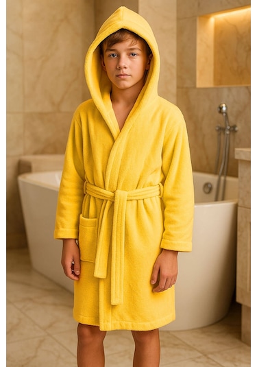Genç Kız / Erkek Çocuk Kapşonlu Garson Boy Kadife Bornoz %100 Pamuklu Sarı