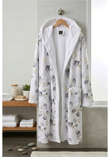 Soft Petal Pamuklu Desenli Kapşonlu Bornoz Beyaz Çiçekli