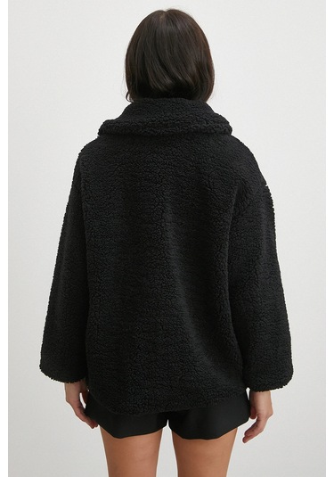 Yaka Detaylı Peluş Mont Siyah Siyah