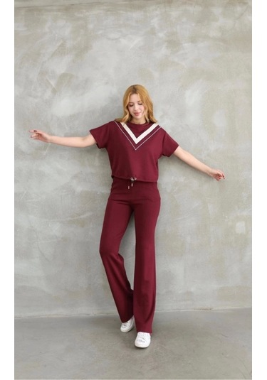 Osy Modal Yumuşak Dokulu Kumaş Bisiklet Yaka Parçalı Detaylı Kısa Kollu Takım - Bordo Bordo