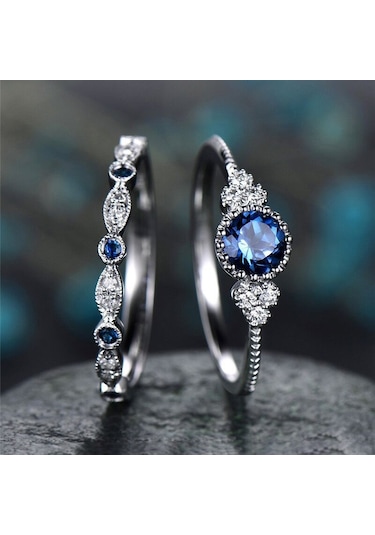 2 Pcs/set Women Fashion Zircon Gemstone Ring 9 Blue Çok Renkli