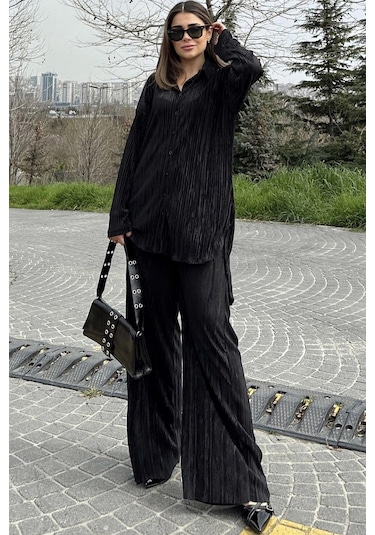 Kadın Siyah Uzun Tunik Gömlek & Beli Lastikli, Bol Paça Pantolon - Salaş Bürümcük Takım Siyah