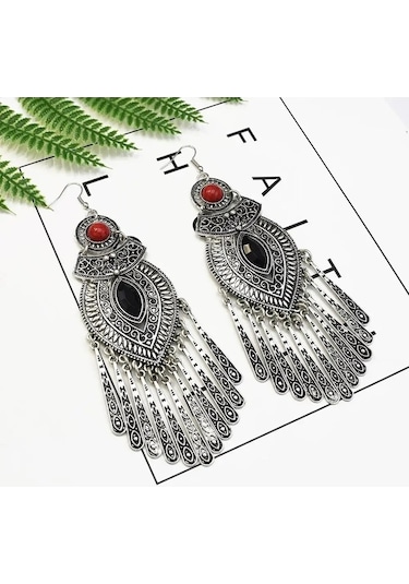 Ganzhoushop Vintage Uzun Tayland Siyah Siyah Renk Püskül Küpeleri Kadınlar Için Hint Gümüş Büyük Beyan Qs Moda Aksesuar Siyah