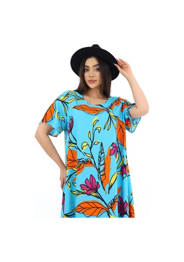 Schık Kadın Viskon Yarım Kol Kare Yaka Elbise Desenli Çok Renkli