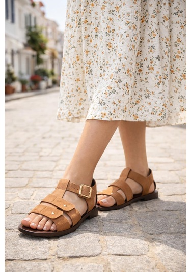 Modaonn Kadın Camel/taba Süet Dokulu Tokalı Günlük Sandalet Taba