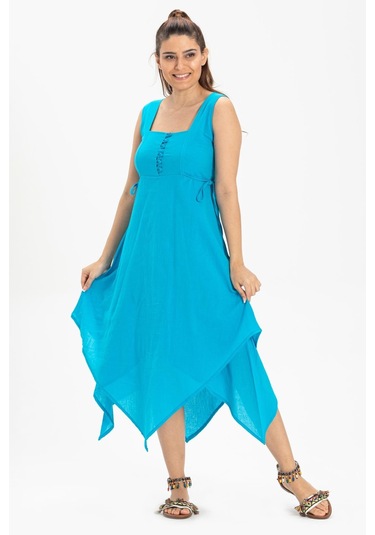 Kolsuz Şile Bezi Üçgen Katlı Midi Boy Yazlık Elbise Turkuaz Trkz Turkuaz