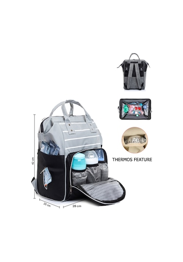 Anne Bebek Bakım Sırt Çantası Gri Çizgili Termos Bölmeli Gri