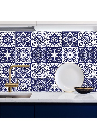 Mutfak Tezgah Arası Kendinden Yapışkanlı Folyo Kaplama Lacivert Fayans Desen 60cmx100cm