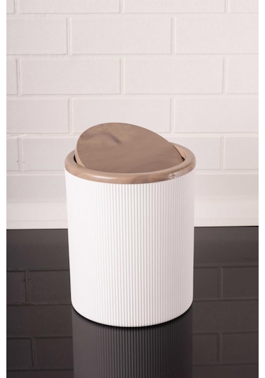 Mermer Desenli Sallanır Kapak Yuvarlak Banyo Çöp Kovası 6 Lt, Mutfak Tezgah Üstü Çöp Kovası Beyaz