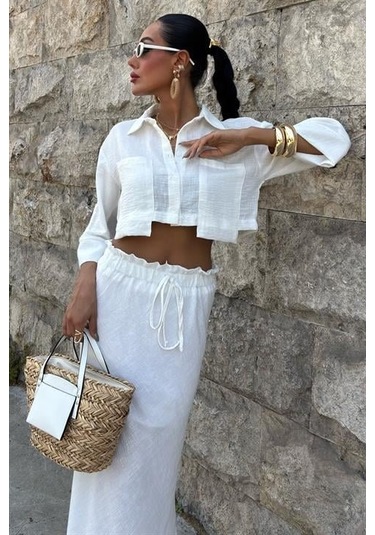 Crop Gömlekli Ve Eteği Büzgülü Tasarım Takım 10201 Beyaz