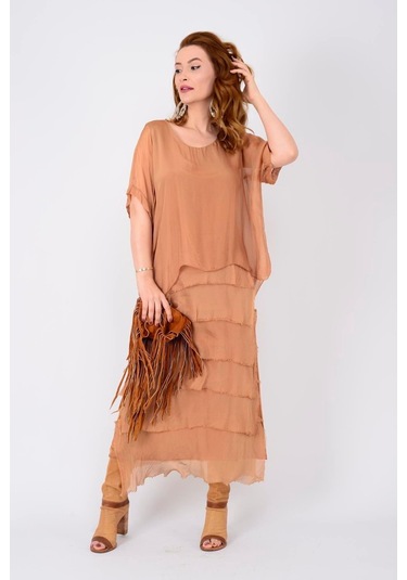 İtalyan 2 Beden İnce Gösteren Yarım Kol Kat Kat Ipek Elbise-8794 Cappuccino