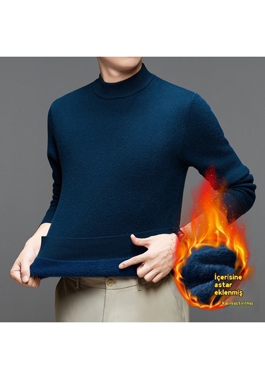 Edwardest 2025 Yeni Kış Erkek Artı Kadife Kalınlaştırılmış Yarım Balıkçı Yaka Kazak Slim Fit Açık Mavi