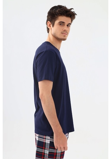 Erkek Kısa Kollu Ekose Desenli Pamuklu Pijama Takımı Ko6303pj-1 Lacivert