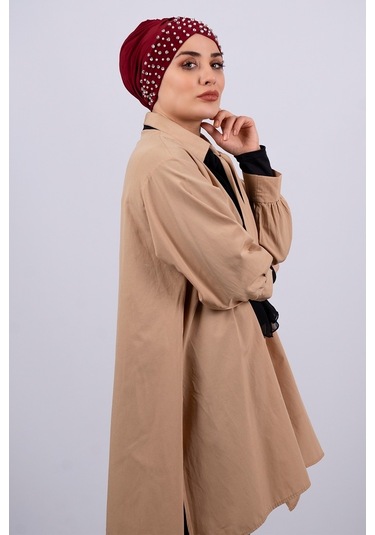 Bordo Pratik Hazır Geçmeli Tesettür Bone Sandy Kumaş Taşlı 1456_1 Bordo