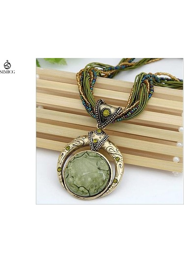 El Dokuması Bohem Pirinç Boncuklu Retro Etnik Tarzda Yuvarlak Değerli Taş Kolye Yeşil