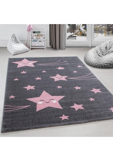 Sevimli Yıldız Star Desenli Çocuk Halısı Gri Pembe Gri - Pembe