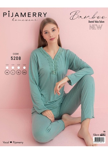 Pijamerry Kadın Dantel Yaka Bambu Uzun Kol Pijama Takımı 5208 - 1 Adet Yeşil