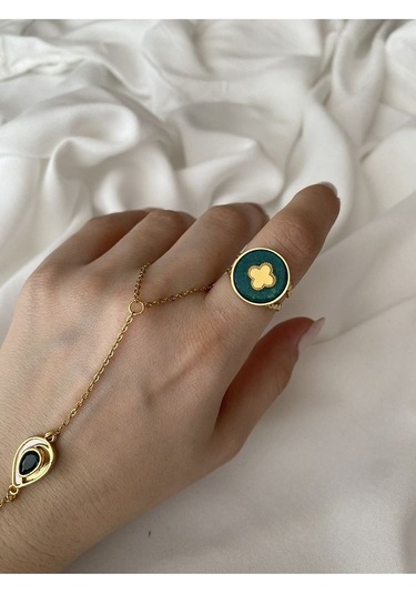 Vintage Gold Yonca Detaylı Yeşil Kararmaz Ayarlanabilir Çelik Yüz Altın