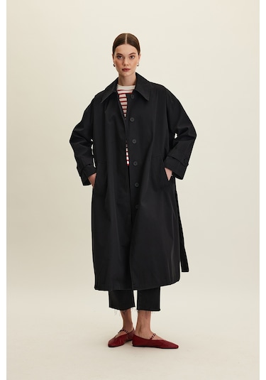 Kemerli Oversize Gabardin Trençkot Siyah Siyah