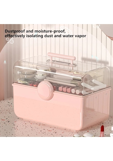 Sones Kozmetik Saklama Kutusu Plastik Anti-toz Şeffaf Masaüstü İlaç Kutusu L Pembe
