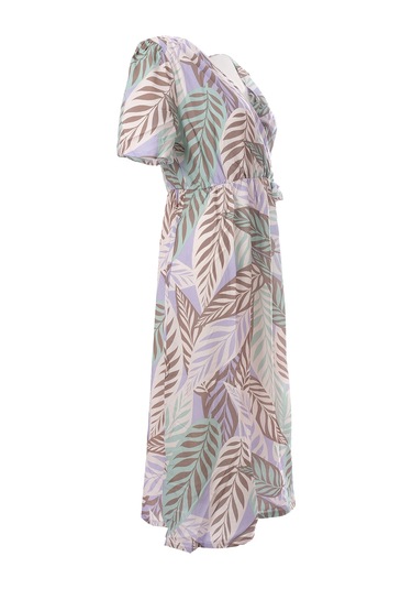 Canel V Yaka Midi Şifon Elbise - Bohemian Tarzı Yaprak Desen Çok Renkli