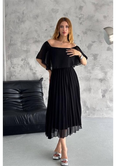 Kadın Astarlı Piliseli Şifon Elbise Dpk2099 Siyah