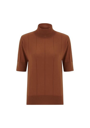 Peraluna Balıkçı Yaka Kısa Kollu Basic Kadın Triko Bluz Kahve-Kahve Kahverengi