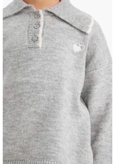Defacto Kız Çocuk Polo Yaka Triko Kazak G3237a825wngr2 Gri-gr2