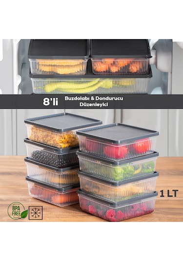Porsima 1169 8li Buzdolabı Organizer Mikrodalga Ve Derin Dondurucu Buzluk Bakliyat Saklama Kabı - Antrasit