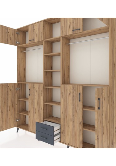 Arges Dolap 14 Raflı 2 Çekmeceli 2 Askılı 220x30x243 Çam-çam/antrasit Atlas Çam/antrasıt