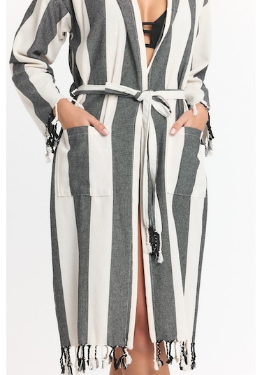 Mulberry Striped Peştemal Bornoz Banyo Ve Plaj Elbisesi Siyah