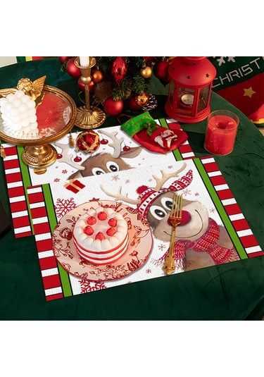 4/6/8 Adet Elk Deer Baskılı Amerikan Servisi Dikdörtgen Noel Kardan Adamı Ağaçları Yemek Masası Mutfak Dekoru İçin Keten Kaymaz Masa Paspasları 6,4 Adet-32x42 Cm Diğer