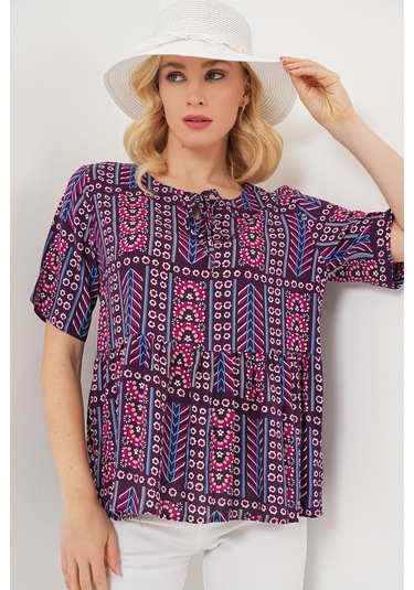 Kadın Desenli Kısa Kol Bluz 969 - Bordo bordo